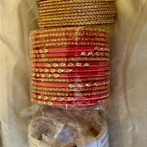 Authentic Elegant Gold and Pink Bangle Set from India